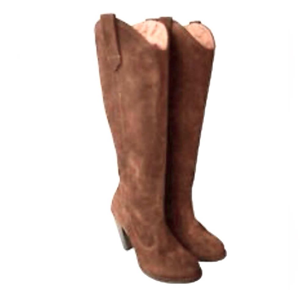 Frye boots with stacked heels, thick sable brown suede.